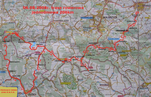 mapka trasy 206km na Przełęcz Okraj i do Trutnov #rower #TrasaRowerowa #góry #urlop
