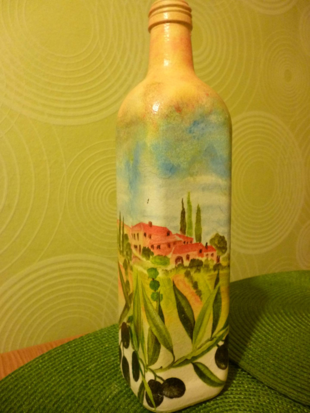 butelka na oliwę Ninki #decoupage #deqoupage #dekupaż #butelka #prowansja #oliwki #oliwa