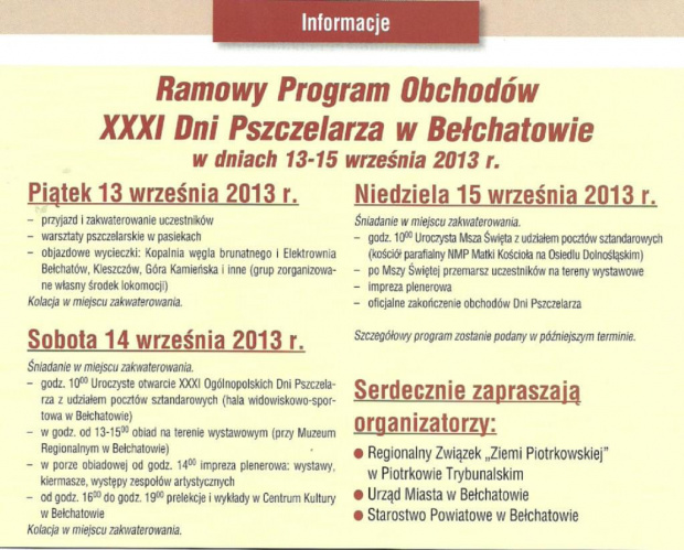 Ogólnopolskie Dni Pszczelarza 2013 Bełchatów - program