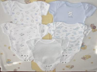 5 szt body bawełnianych z krótkim rękawkiem rozmiar Newborn 56-58 cm 3 x Tesco, 1 x Tiny Baby, 1 x Pure Baby