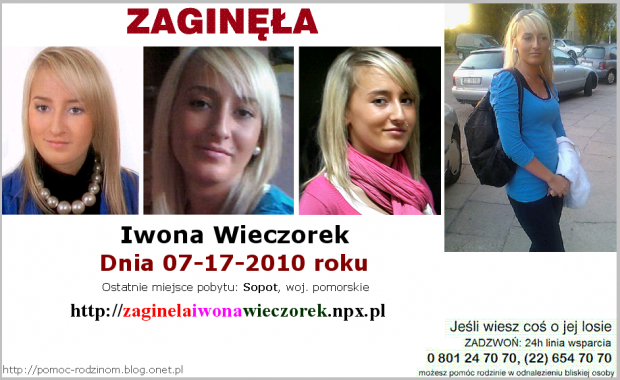 W piątek w nocy z 16-go na 17-go lipca zaginęła 19-letnia Iwona Wieczorek.